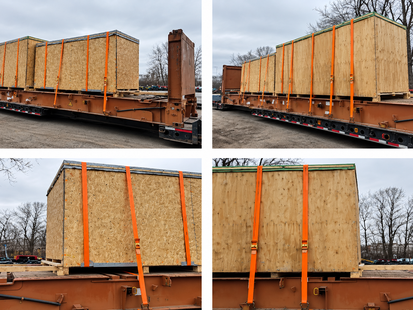 Oversized wooden crates strapped onto heavy-duty trailers